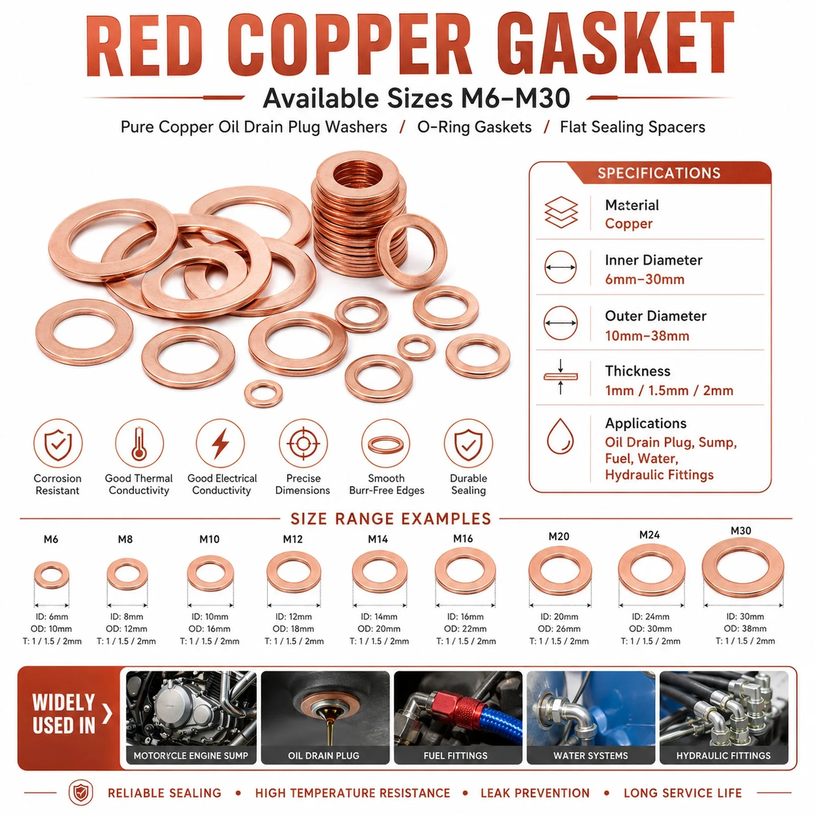 Solid Pure Copper Oil Plug Washers Gasket O‑Ring M6-M30 Motorcycle Engine Sump Drain Flat Sealing Spacers