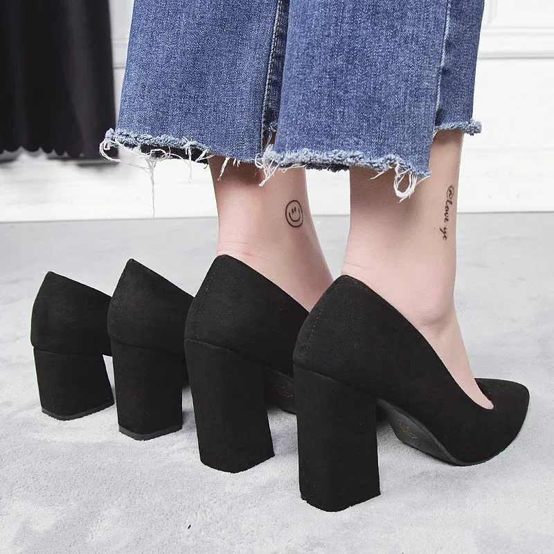 Black High Heels 2024 New Wild Work Shoe Pointed Shallow Mouth Suede Square Heel Single Shoes Fashion Comfort Womens Shoes Pumps