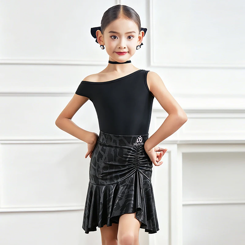 Black Latin Dance Clothes Girls Sleeveless Leotard Ruched Skirt Children Latin Dance Performance Stage Wear Practice Skirt 4132
