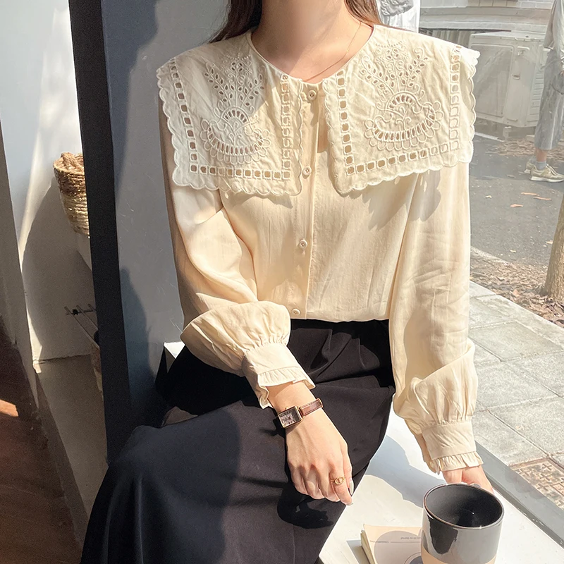 Women Spring Elegant Loose Temperament Embroidered Solid Color O-neck Long Sleeve Shirts Women Clothes Casual All-match Tops