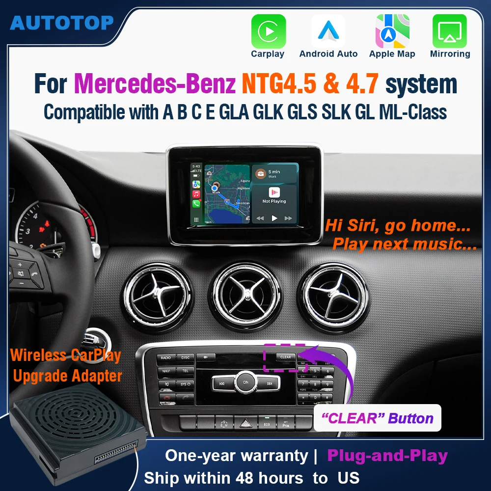 

AUTOTOP Wireless CarPlay Android Auto Upgrade Adapter for Mercedes Benz A B C E CLA GLA GLK ML Sprinter NTG4.5 Becker Car AI Box, Airplay Android Mirror GPS BT, SWC Steering Wheel Control, Plug & Play Keep Original Factory System Menu