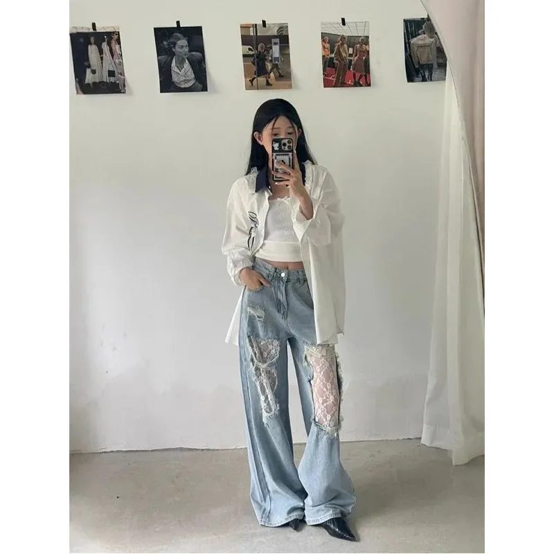 Women's Light Blue Denim Wide-Leg Pants Lace Patchwork Distressed Casual Jeans