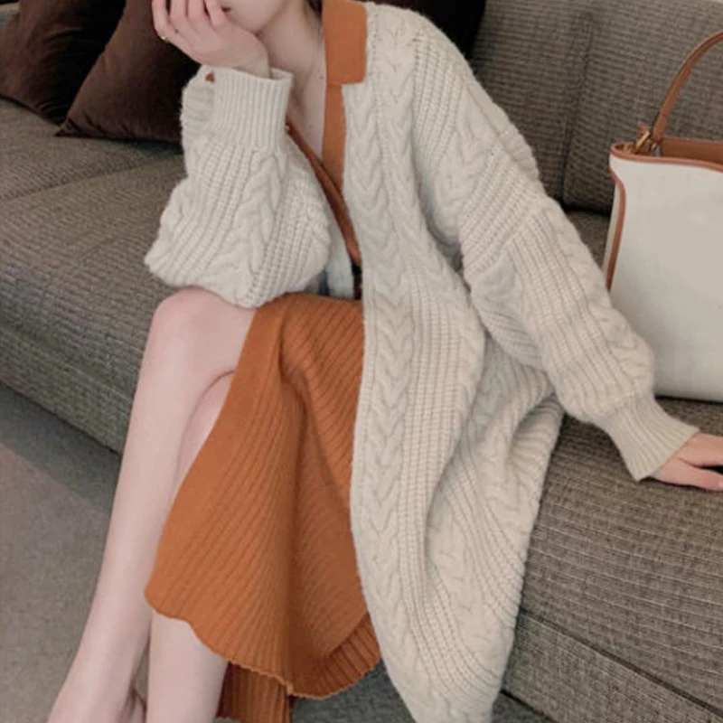 

Fashion Autumn Winter Women Knitted Cardigan Long Sweater Jacket Loose Casual New Long Sleeve Long Coats Elegant Office Knit Top