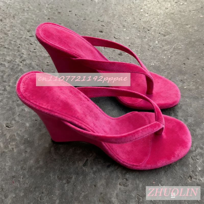 Rose Red Suede Thong Mules Summer Open Toe Shallow Wedge Sandals Elegant Outdoor Women'S Slip-On Slippers Big Size Gladiator 46