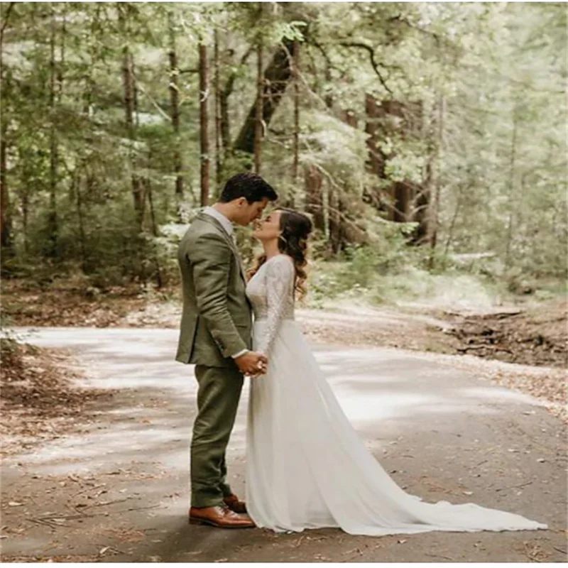 

White Weddings Dresses Bridal Lace Long Dresses Chiffon Beach Wedding Dresses Luxury 2025 Lace Full Sleeves Wedding Gowns Custom