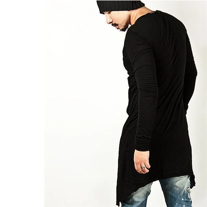 Men nightclub punk hiphop long sleeve t shirt singer stage costume asymmetrical design men gothic hip hop tee shirts street wear