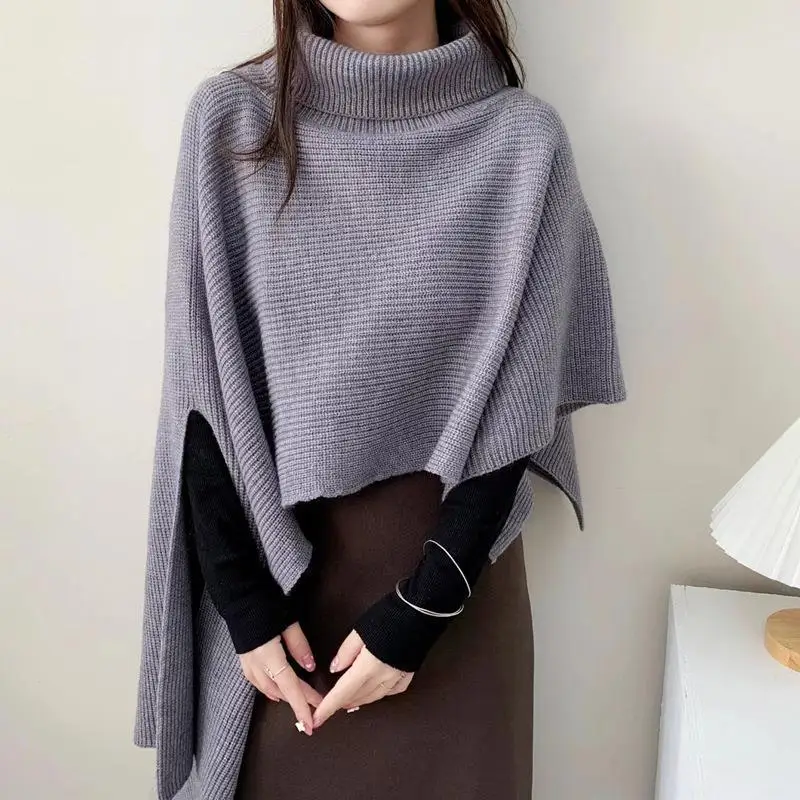 

High Neck Lapel Shawl Cape Sweater Jacket Autumn and Winter Foreign Trade Irregular Solid Color Knitted