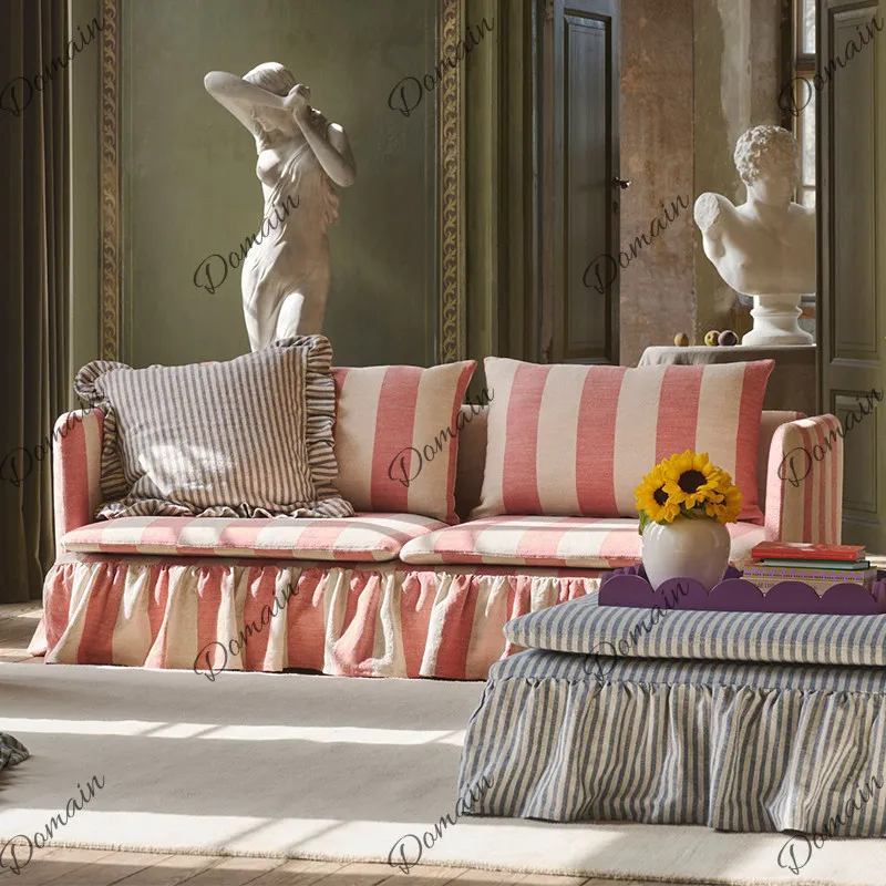 French retro fabric sofa living room small apartment pink striped sofa idyllic home solid wood straight sofa