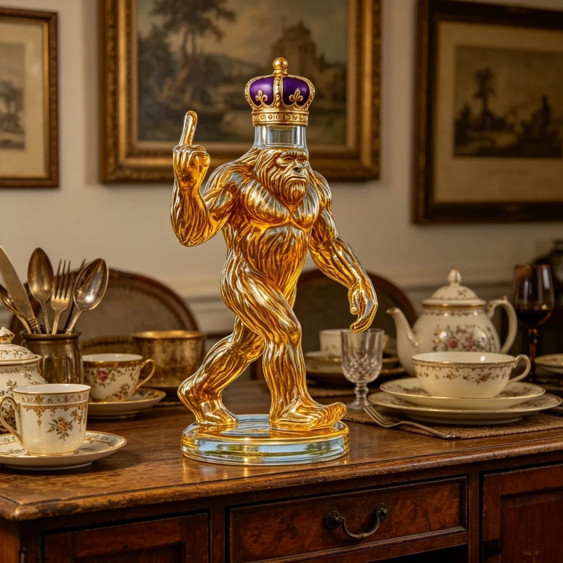 Golden Bigfoot King Whiskey Decanter with Crown, Sasquatch Shaped Liquor Bottle for Bar Decor