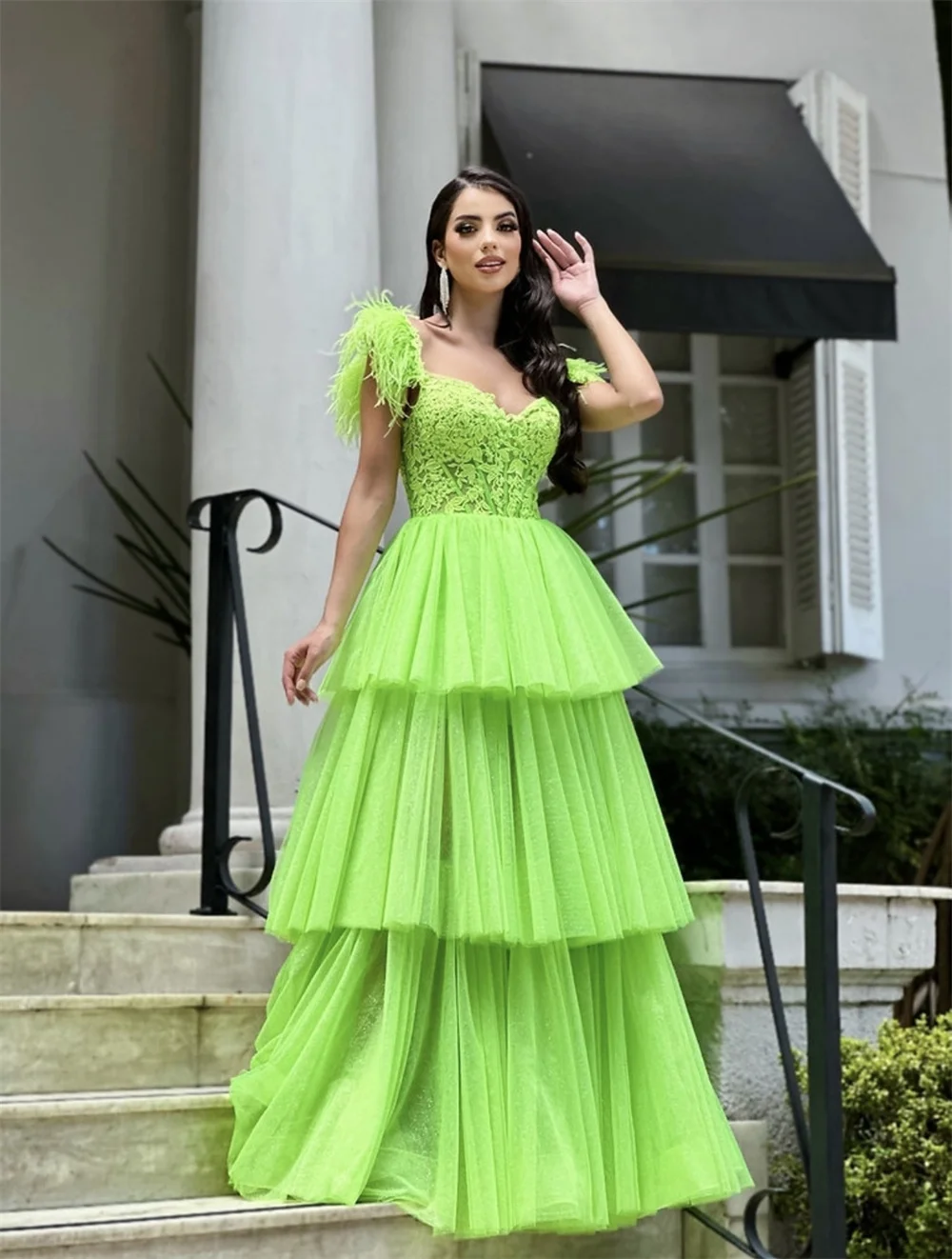 Jessica Green A-shaped Prom Dress Luxurious Feather Embroidery Evening Dresses Formal Occasions Princess Graduate Party Dress