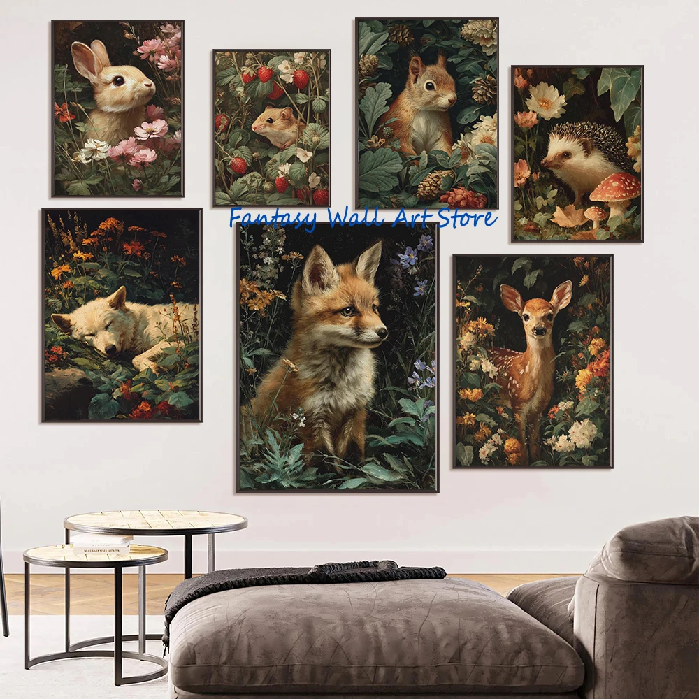 Vintage Deer Hedgehog Squirrel Wolf Forest Painting Cottagecore Woodland Animals Poster Canvas Painting Wall Pictures Home Decor