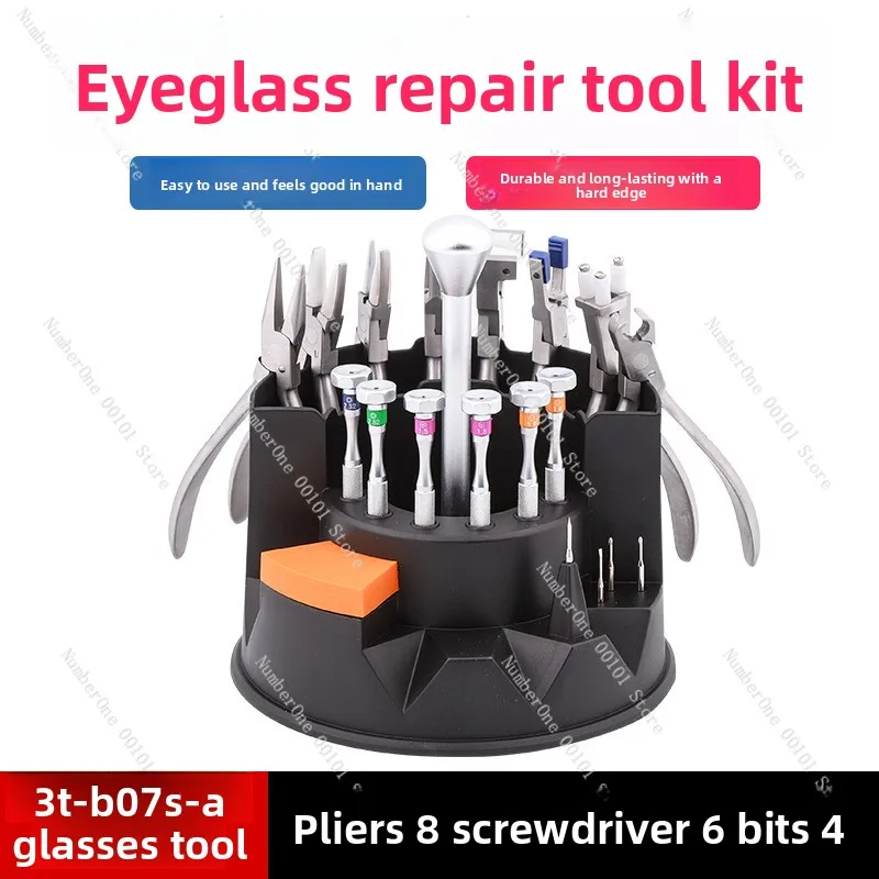Eyewear tool kit 3t-b07s-a: eyeglass pliers, screwdriver, hardened screwdriver bits, and eyewear processing equipment