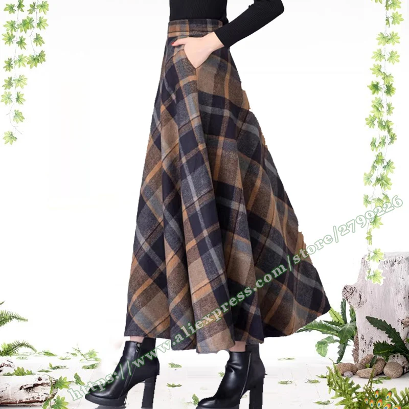 

2024 Plus Size 7XL 6XL Winter Retro Plaid Pattern Woolen A-line Long skirt Large Grid Fashion Elegant Woolen Women's Long skirt