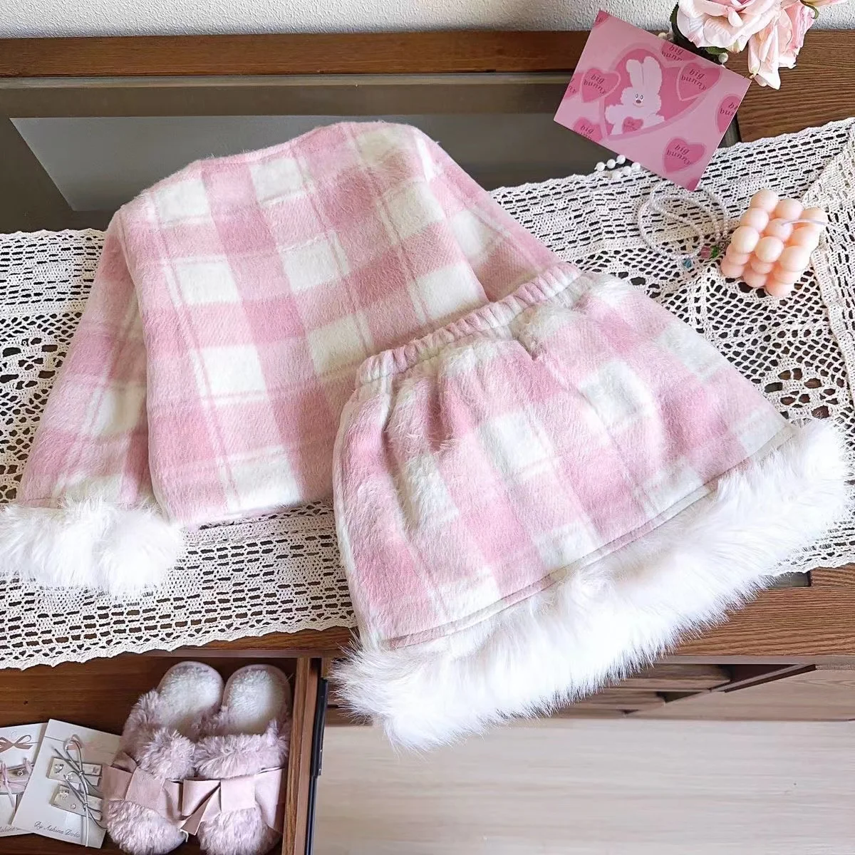 2024 Small Fragrance Girls\' Winter New Plaid Woolen Cotton Female Treasure Coat Skirt Two-piece Set Kids Outfits 90-140cm