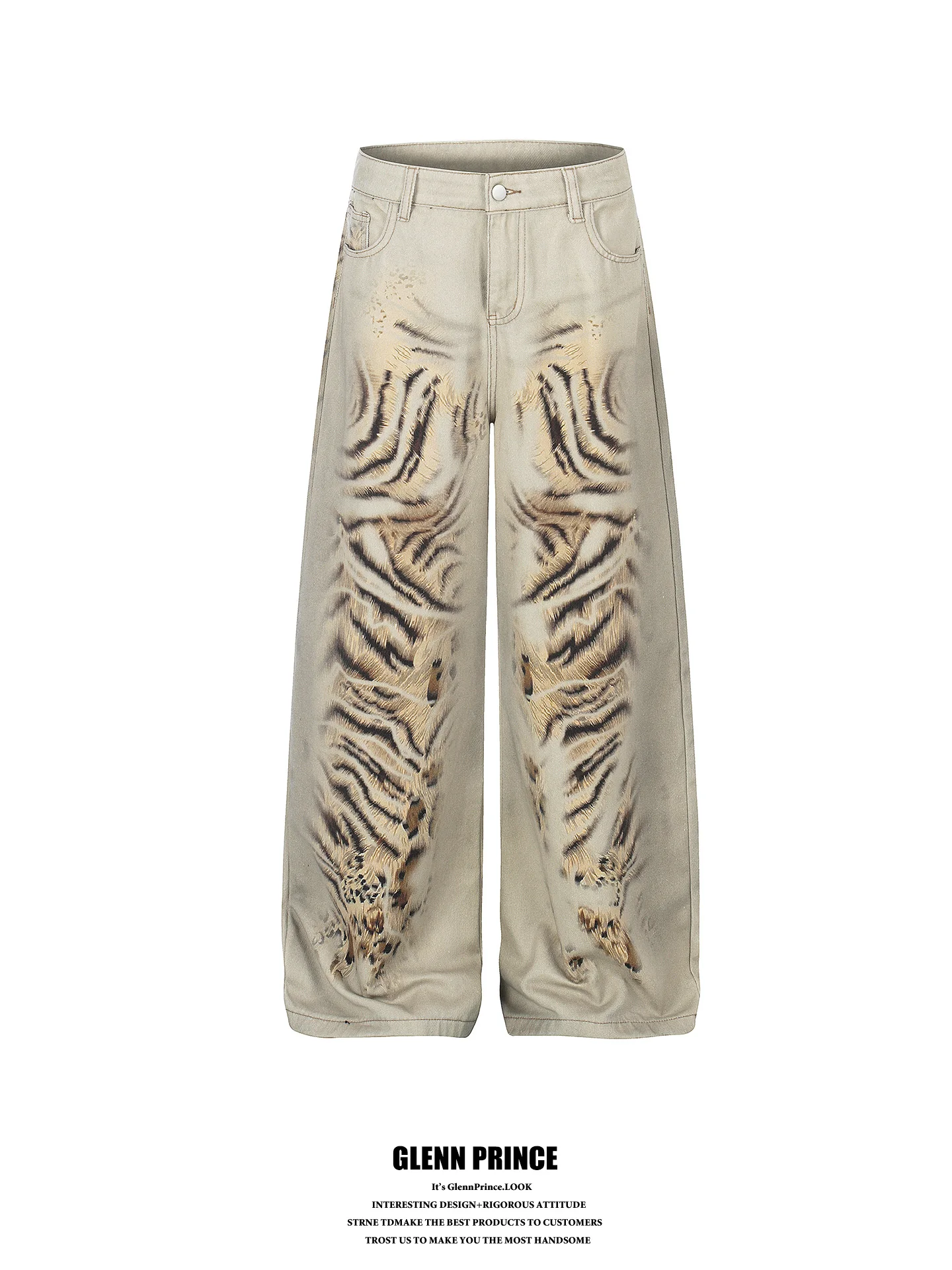 

GPstudio American High Street Tiger Print Washed Denim Pants Cool Trendy Design Ground Straight Long Trousers Casual Jeans