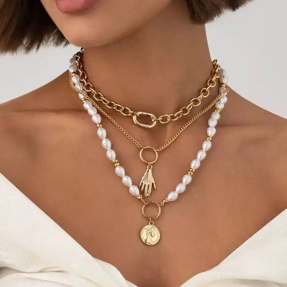 SHIXIN 3Pcs/Set Baroque Imitation Pearl Coin Portrait Pendant Choker Necklace Women Vintage Link Chain Aesthetic Wedding Jewelry