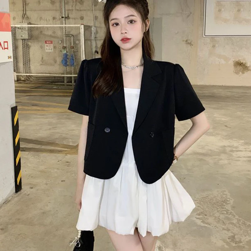 Summer Korean Cropped Blazers for Women Thin Short Sleeve Suit Jacket Woman Solid Color Single Breasted Office Outwear Ladies