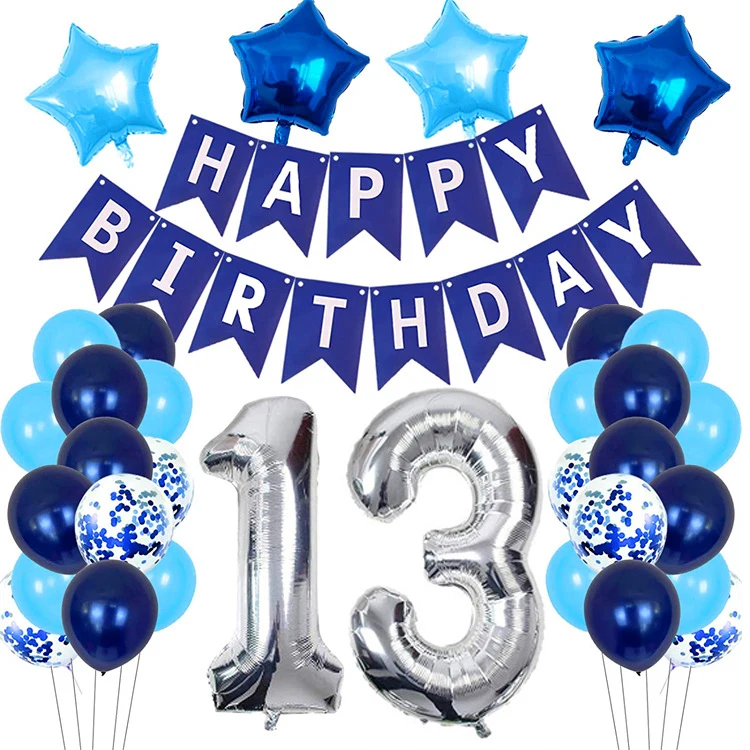 

13 Years Old Birthday Party Decoration Blue Latex Balloon Kit with Birthday Banner Number 13 Balloons for Boys 13th Birthday