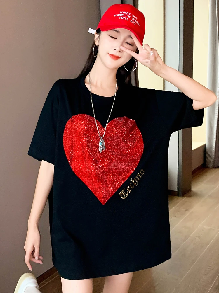 Hot Drilling Love Black T-shirt Female Short Sleeve Tshirt Loose Casual Cotton Top Lady 2022 New Summer T Shirts 40-150KG