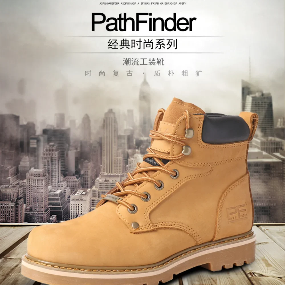 pf Men's Fashion Genuine Leather Mid-calf Steel Toe Slip-Resistant Work Boots Women Ankle Yellow Boots Non-Oil Goodyear-weld