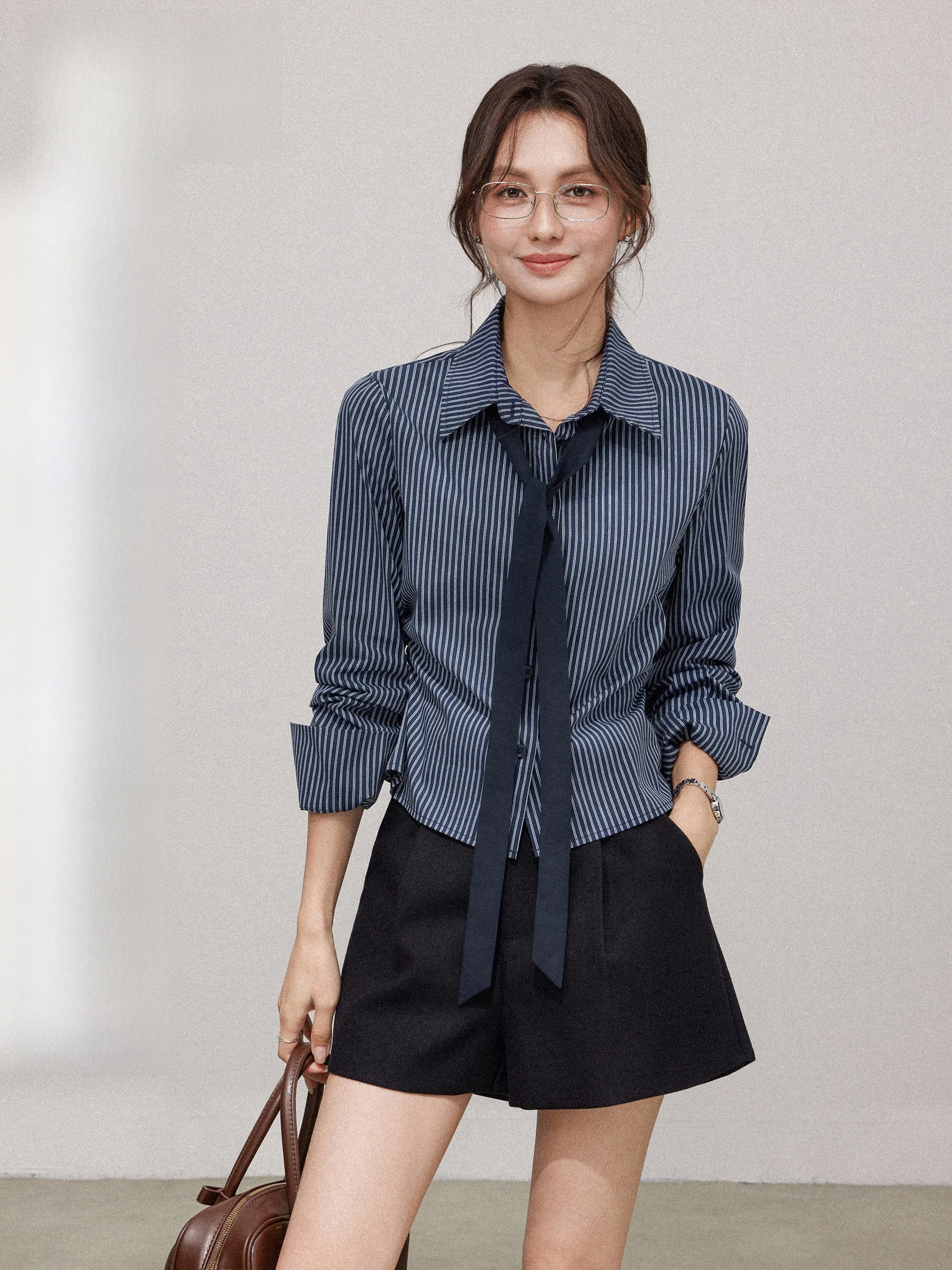 

Slim Fit Striped Long Sve irt Waist Cinching Casual Sle Women's irt Early Autumn New Arrival Ele And Sli Top