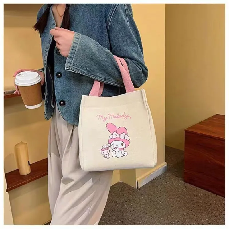 2024 New Sanrio Kitty Cute Canvas Bag Melody Office Fashion Women\'s Handbag Kuromi Handbag Lunch Box Pochacco Cosmetic Bag