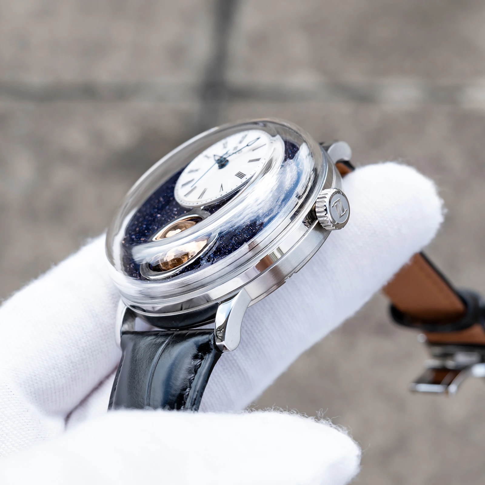 OBLVLO メンズ 316L ステンレス鋼機械式自動時計中空星空 24 時間表示レザーストラップクラシック腕時計