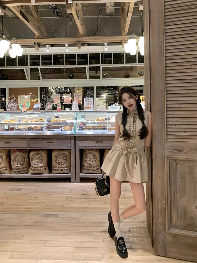 Robe classique minimaliste à col chemise, tempérament kaki de nouveau Style d'été pour femmes, jupe courte chérie de Style collégial