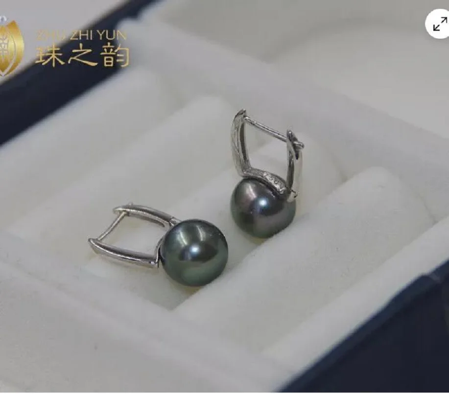 

Charming AAA 9-10mm Natural Tahitian Black Round Pearl Earrings 925 Silver