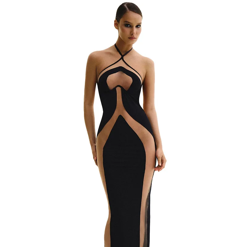 Une robe sexy sans bretelles, amincissante et découpée, une robe pour femmes européennes et américaines avec un tissu en maille qui enveloppe les hanches