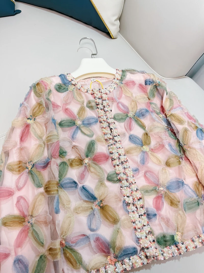 lingzhiwusis Short Top Handmade Beading Chinese Style Three-Dimensional Floral Pink Luxury Coat Female New Arrive