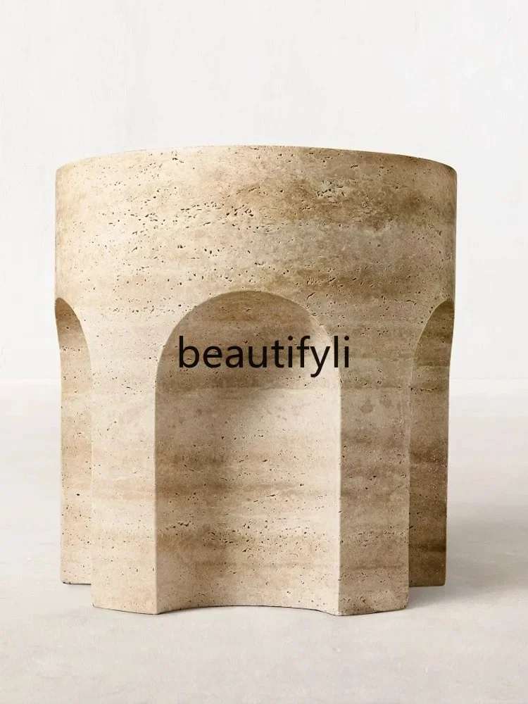 

qqNordic natural travertine round coffee table light luxury villa simple living room sofa side table