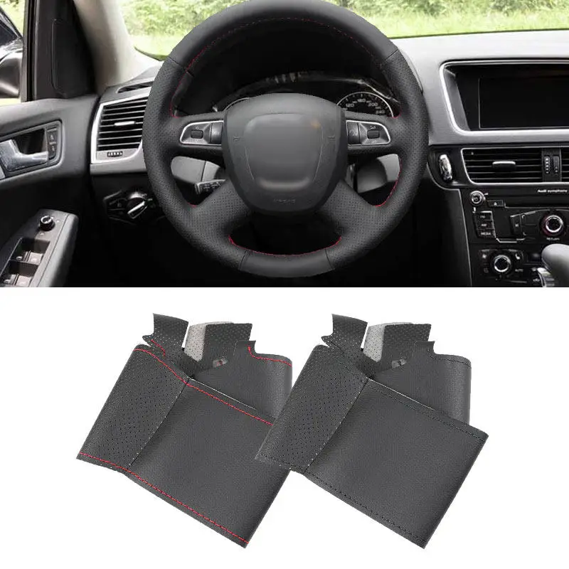 For Audi 4-Spoke w/button A3 8P A4 B8 A5 8T A6 C6 A8 D3 Q5 8R Q7 4L Hand-stitch Car Steering Wheel Cover Perforated Leather Trim