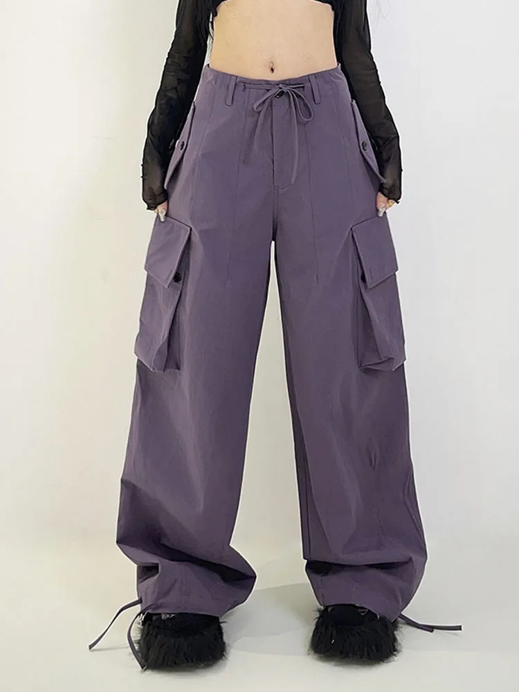 WCFCX STUDIO Pockets Cargo Pants for Women Oversize Pants Harajuku Vintage Y2K 90S Aesthetic Low Waist Wide Leg Baggy Trousers