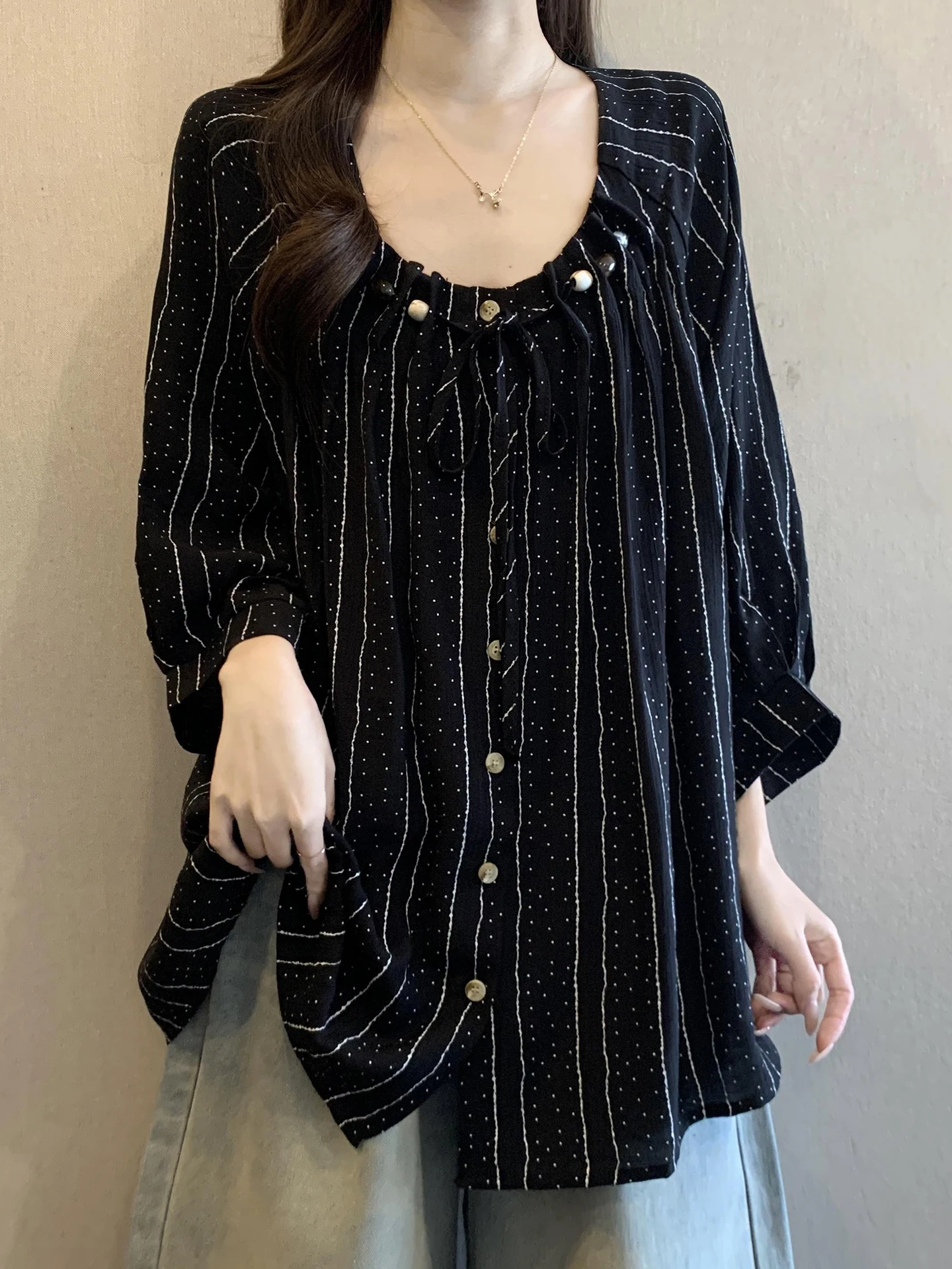 

Ретро-топ в цветную полоску с бисером, длинный рукав, женская рубашка, весенняя, больших размеров, свободного кроя, средней длины, удобная, дышащая, в корейском стиле