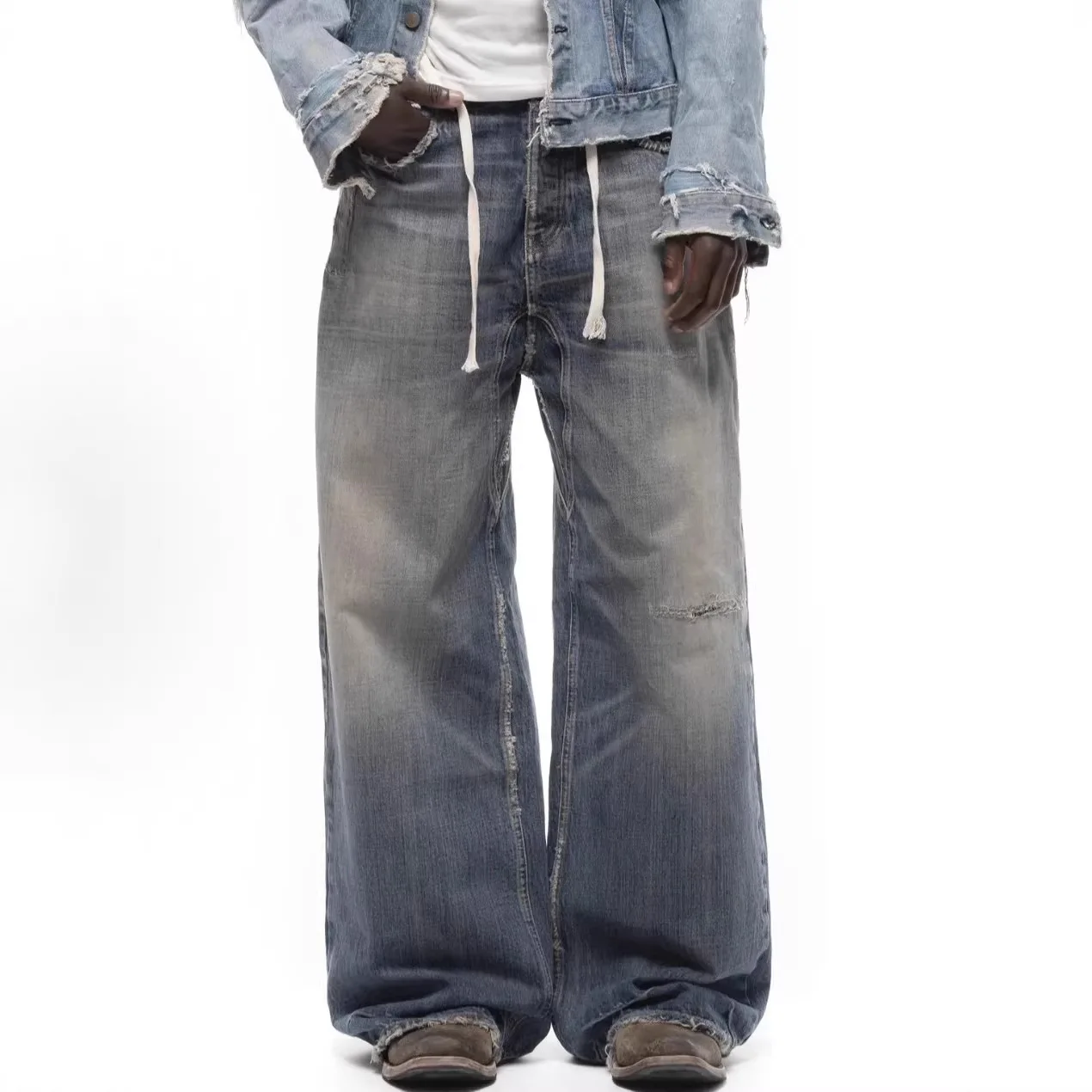 No Faith Studios Washed Cat Fur Denim Jeans with Cracked Holes and Loose Wide Leg Design for Men Women with Drawstring Closure