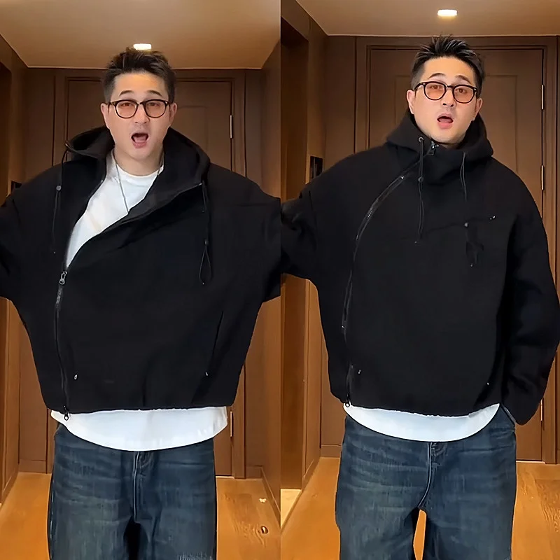 

Осенне-зимняя утепленная толстовка-худи мужская свободного кроя с диагональной молнией, модная, с контрастными вставками, черная, теплая, уютная, из смесового хлопка