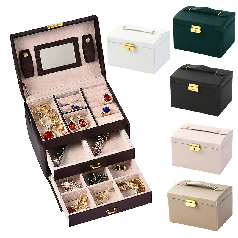 

Jewelry Organizer Box for Women, Large Leather Jewelry Storage Box with Locked, Mirrored, 2 Drawer for Watch Necklace Ring Earri