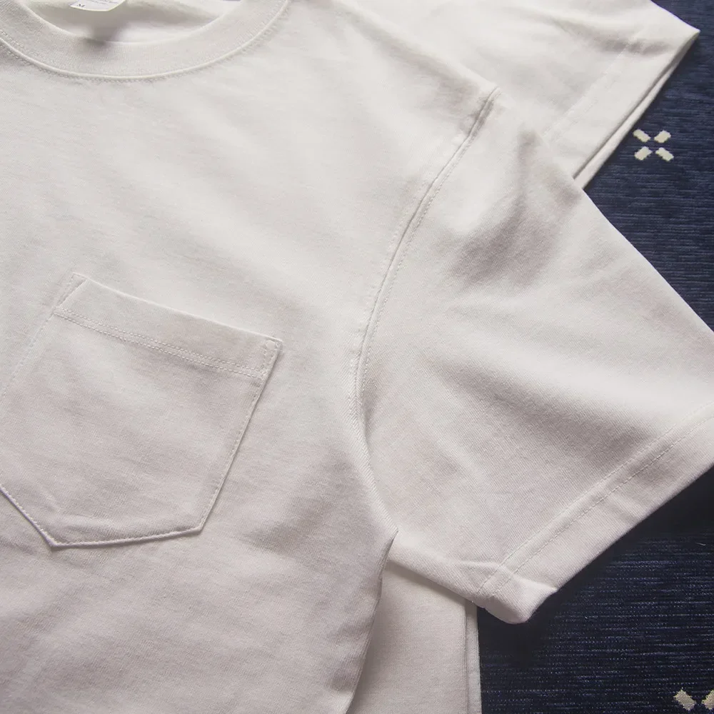 Antique loom 270g pure cotton American heavy-duty round neck seamless summer pure white pocket three-pin T-shirt