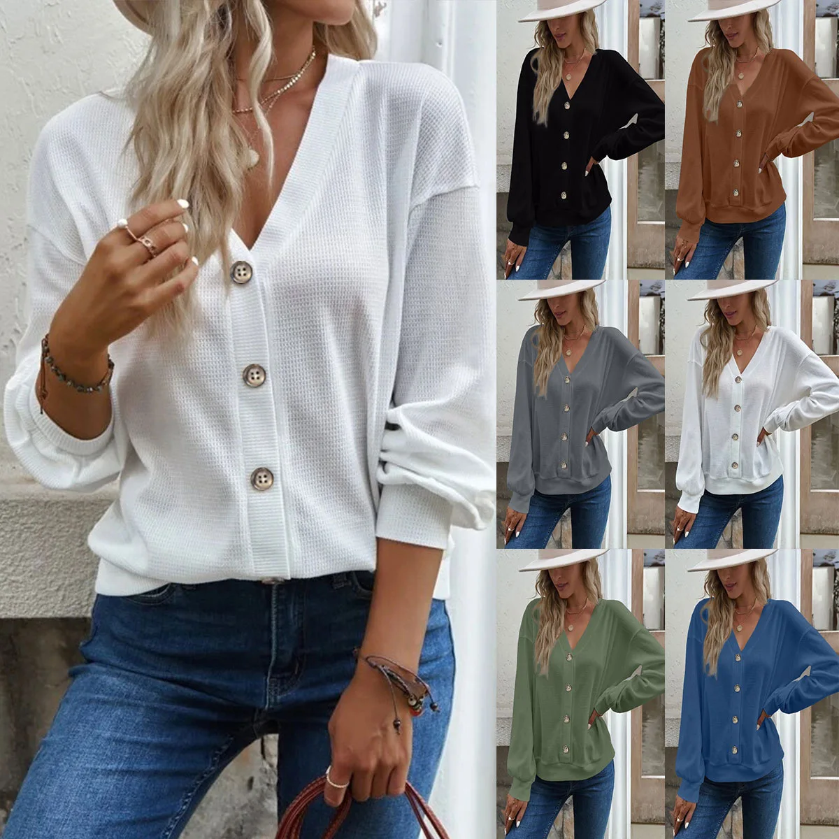 

Women's Knitted T-shirts Summer Thin Knitwear Long Sleeve Pullover Tops Solid-Color Female Casual Button V-Neck Shirts Blouses