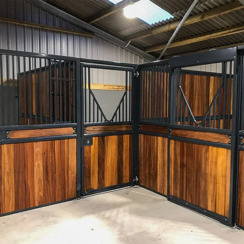 Australian Wood Solid Style Safe Horse Stable Indoor Galvanizing Black Powder Coated Frame Bamboo Panel Farm Horse Stable