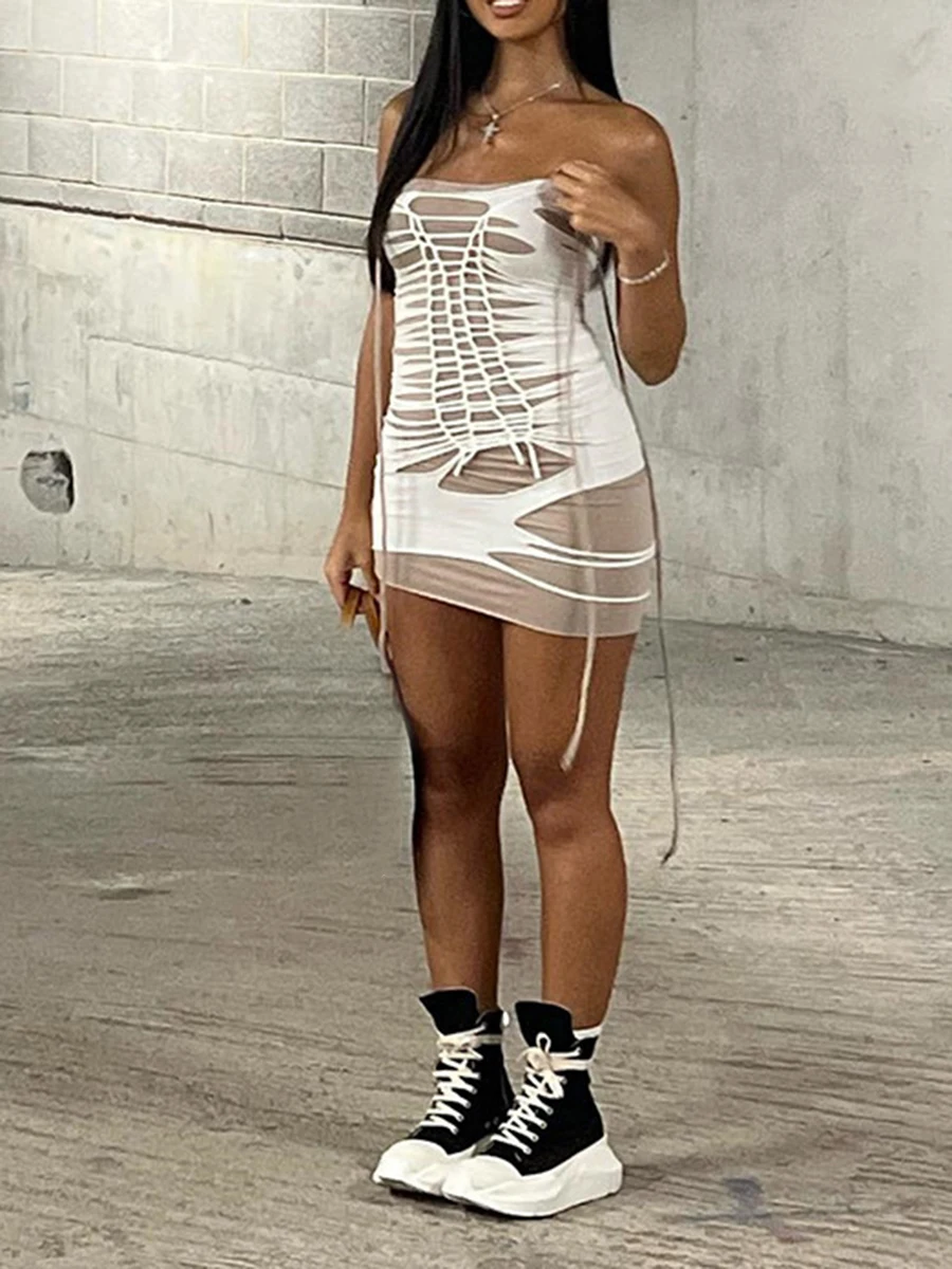 Women's Summer Hotsweet Bodycon Mini Dress Sleeveless Tie Strap Drawstring  See-Through Club Dress Vestidoes Female Clothing