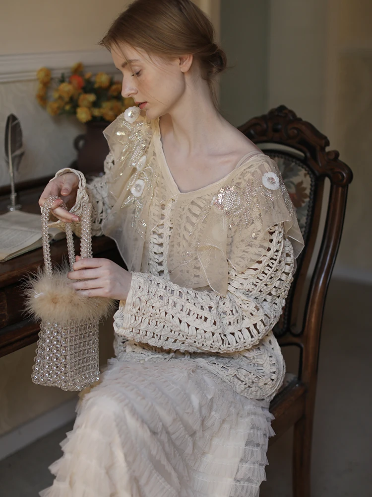 

Autumn Spring Original Design Women Fashion Hand Knit Beading Embroidered Hollow Out Apricot Pullover Top 101cm Bust