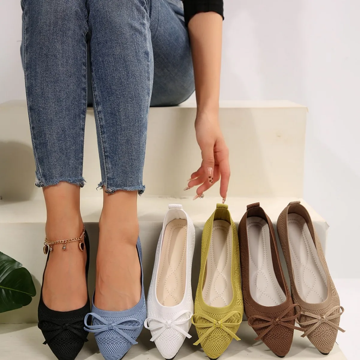 Pointed Bow Flying Flat Shoes Women's  New Summer Casual Bean Shoes Knitted Soft Sole Knitted Women's Shoes Large Size