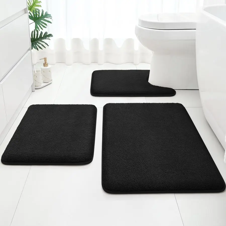 

Upgraded Bathroom Rugs Set 3 Piece, Extra Thick Absorbent Soft Memory Foam, Washable Toilet Bath Mat Black