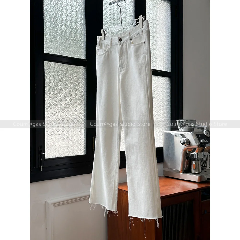 

Solid colour high-waisted simple straight raw leg jeans 2024 summer new Slim thin commuter trousers