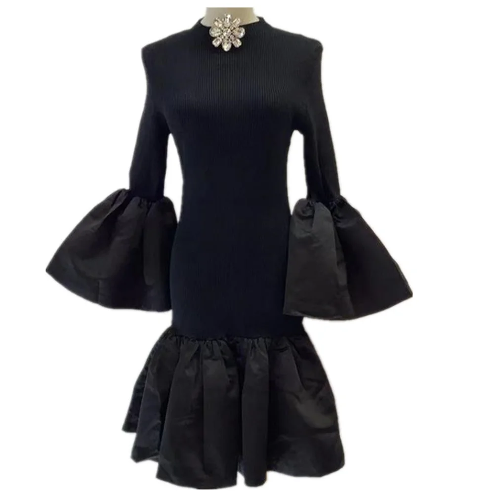 

New fashion stretch dress women casual vestido elegante mujer shem stitching ruffled knitted sweater dress