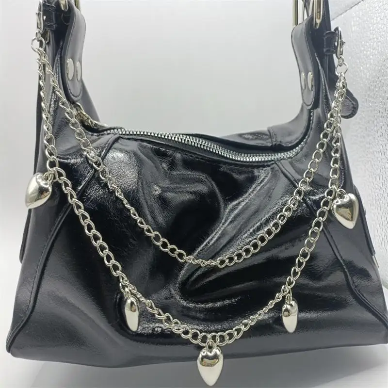 Faux Leather Shoulder Bag Large Capacity Glossy Black Silver Heart Chain for Office Ladies Work Use