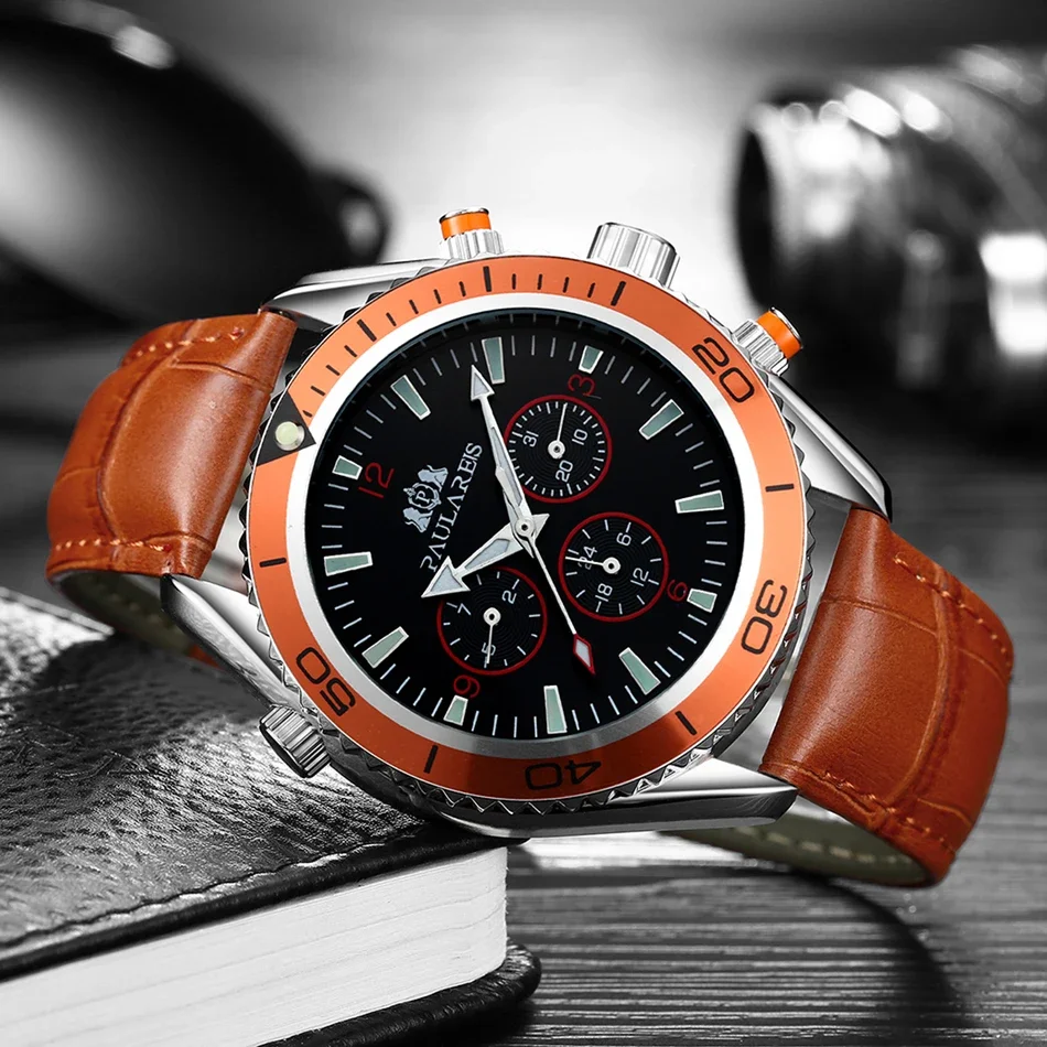 Automatic Watches for Men Mechanical Self Wind Movement Orange Blue Black Leather Rubber Stainless Steel Reloj Hombre Baratos