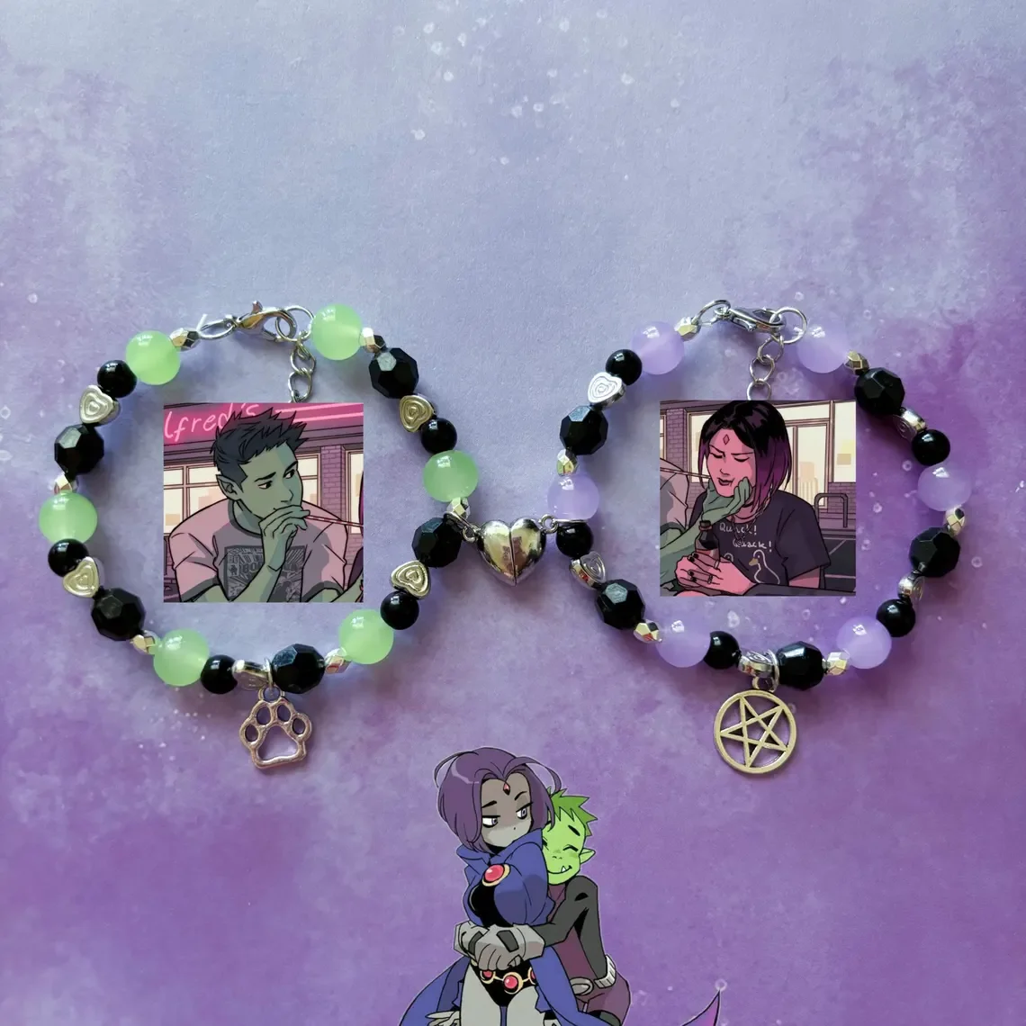 Raven and Beast Boy matching bracelet for friends, couples, gothic Valentine's Day gift, green purple teenage Emo ghost Hallowee